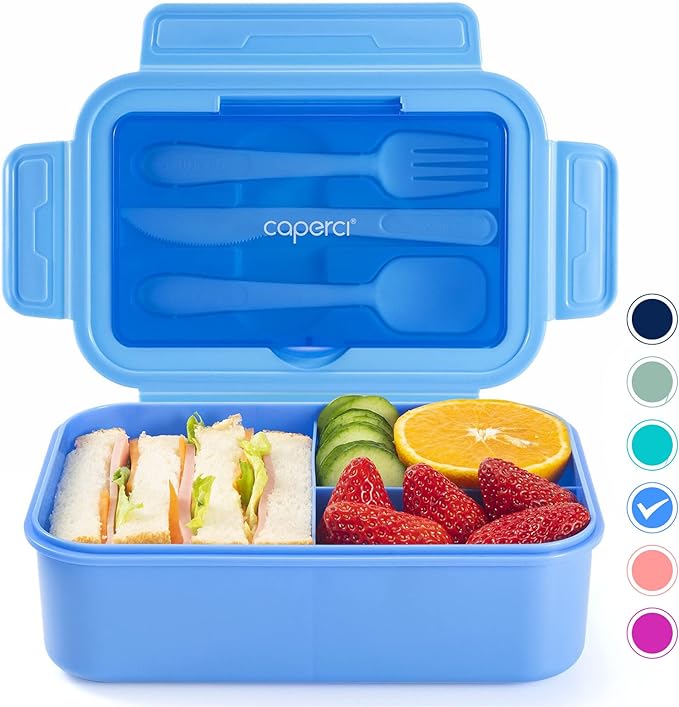 Caperci Classic Bento Lunch Box for Adult & Older Kids - Leakpoof 47 oz 3-Compartment Lunch Containers for Adults and Teens, Built-in Utensil Set