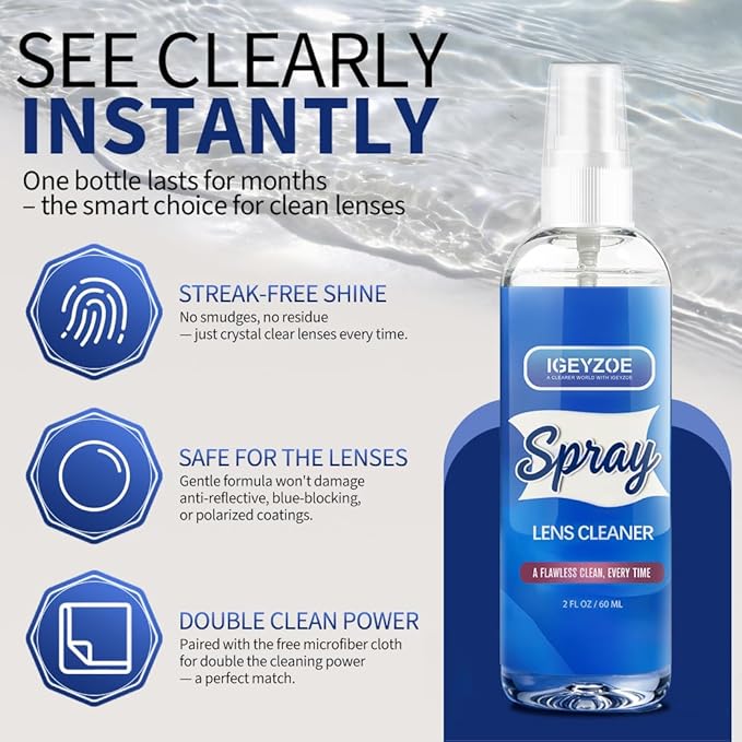 Eyeglass Lens Cleaner Spray Kit - (2x2oz) Glasses Cleaner Bottle + (4X) Microfiber Cloth 6.9"×5.7", Alcohol Free Eyeglasses, Screen