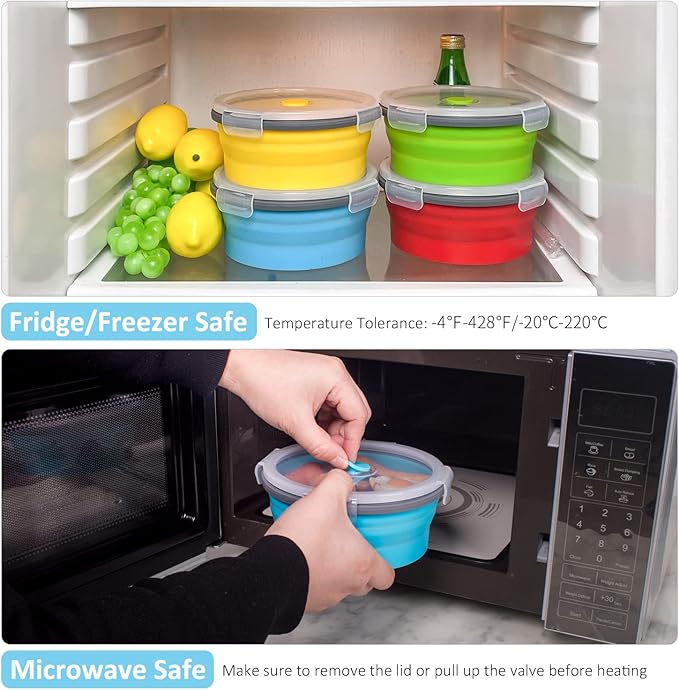 Collapsible Food Storage Containers with Airtight Lid, 27 oz, Kitchen Stacking Silicone Collapsible Meal Prep Container Set for Leftover