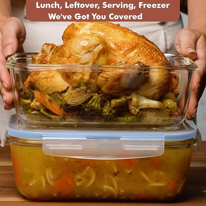 Razab 4 PC 1860ml / 63 Oz / 8 Cups Large Glass Food Storage Containers with Lids - Glass Meal Prep Containers for Roasting & Storing Leftover