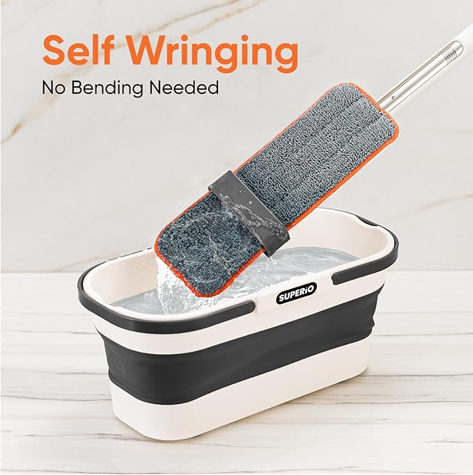 Superio Self-Wringing Microfiber Cleaning Mop with Hands-Free Wringing Blade and Reusable & Washable 8" x 4.5" Microfiber Mopping Pad for Home, Kitchen, Bathroom, Streak-Free Cleaning