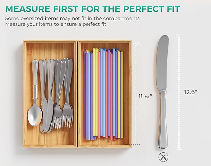 Bamboo Kitchen Drawer Organizer Boxes – 12" x 6" Stackable Wood Silverware Utensil Tray for Drawers Bins, Cutlery & Flatware Storage
