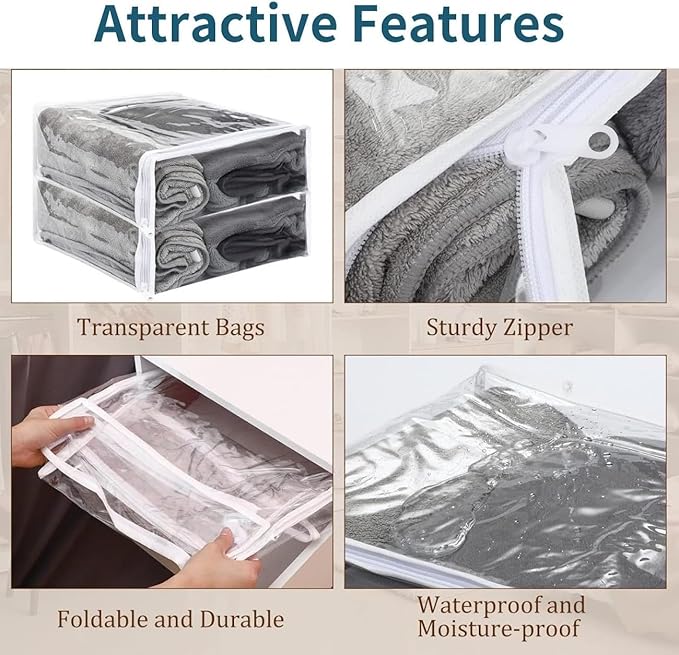 6 Pcs (16 * 12 * 4 Inch) Zippered Plastic Storage Bags, Transparent Zippered Storage Bags For Storing Linen Sweaters, Blankets, And Bed Sheets In Wardrobes
