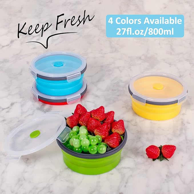 Collapsible Food Storage Containers with Airtight Lid, 27 oz, Kitchen Stacking Silicone Collapsible Meal Prep Container Set for Leftover