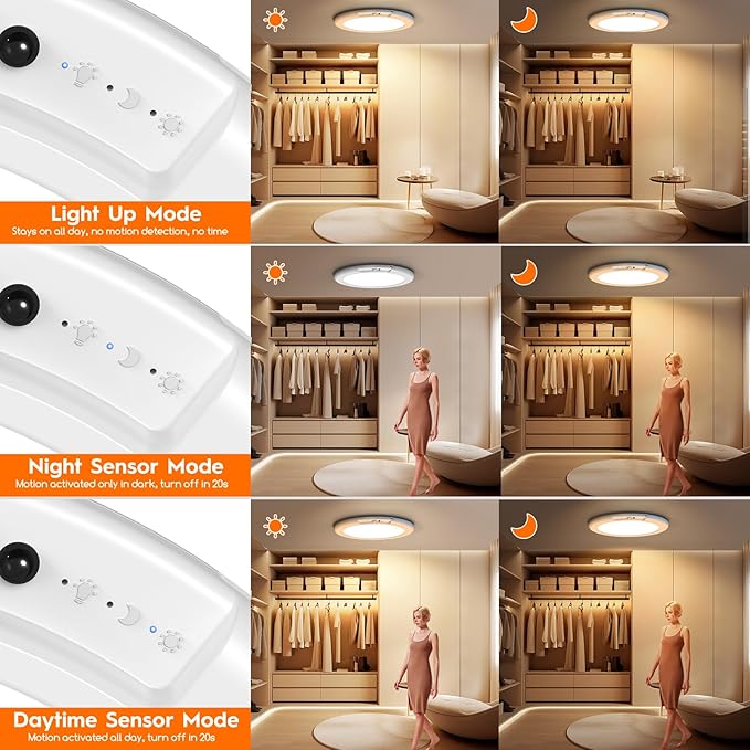3 Pack Rechargeable Motion Sensor Ceiling Light with Remote, Wireless Battery Operated Closet Light with 13 Colors Changing, 0.55″ Magnetic Lights for Shower Bathroom Closet Hallway Pantry