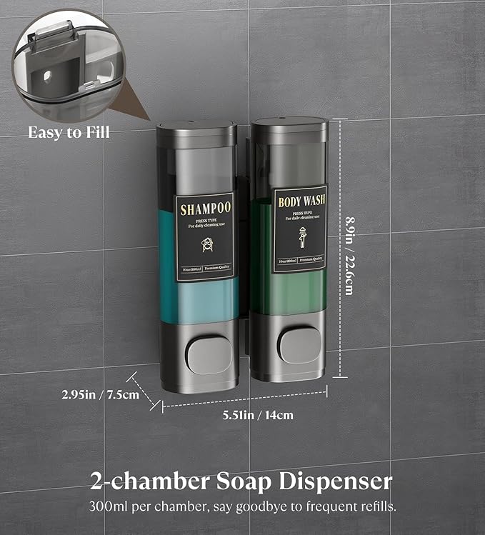 Luxspire Shampoo and Conditioner Dispenser, No Drill Wall Mounted Shower Soap Dispenser 2 Chamber with Waterproof Labels, Easy Refill Soap Dispenser for Bathroom Hotel Kitchen, Gray