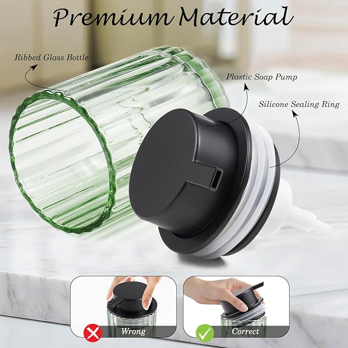 Amolliar Foaming Soap Dispenser, Plastic Pump & Glass Soap Bottle, Refillable 8OZ Hand Soap Dispenser, Dish Soap Dispenser for Kitchen, Bathroom Accessories Set, Home Decor Dispenser (Black 2 Pack)