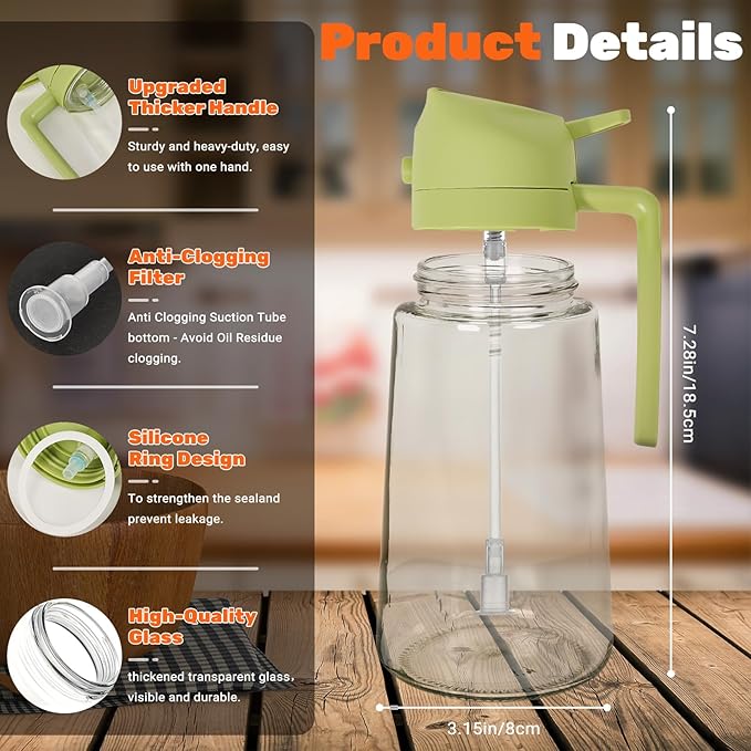 CJT 2 Pack Oil Dispenser Bottle for Kitchen, 2 in 1 Olive Oil Sprayer,16.5OZ/470ML Glass Oil Spray Bottle with Premium Nozzle for Cooking,Barbecue, Air Fryer, Salad(GREEN/WHITE)