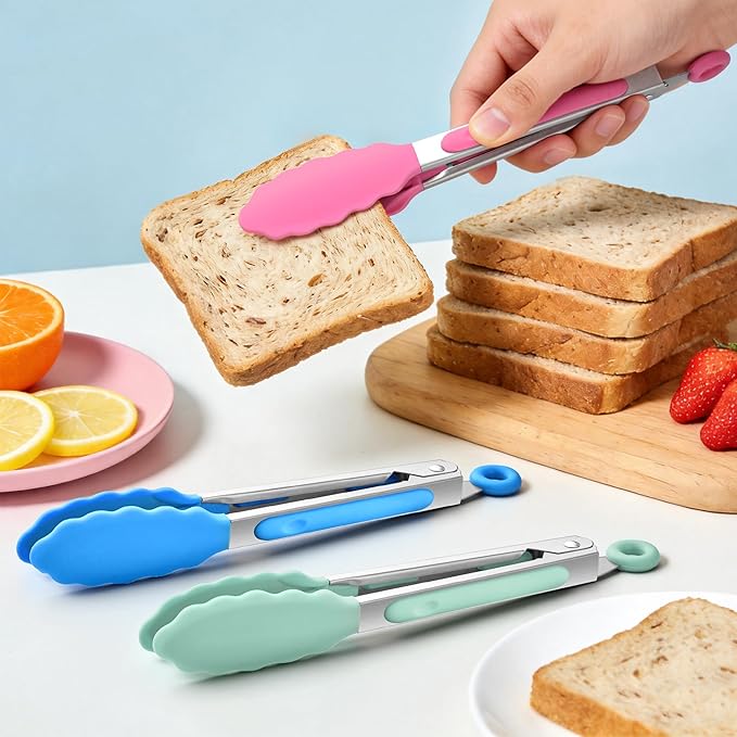 7-Inch Silicone Tongs Pack of 6, Small Stainless Steel Tongs with Silicone Tips for Cooking, Serving, BBQ, Grilling, Salad, Buffet, Party (7", Multicolor)