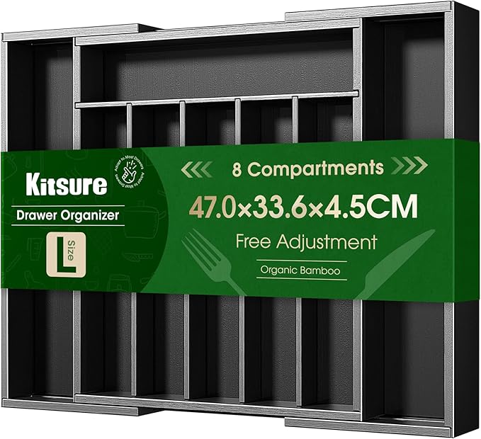 Kitsure Silverware Organizer - Expandable Bamboo Kitchen Drawer Organizer for Cooking Utensils and Cutlery