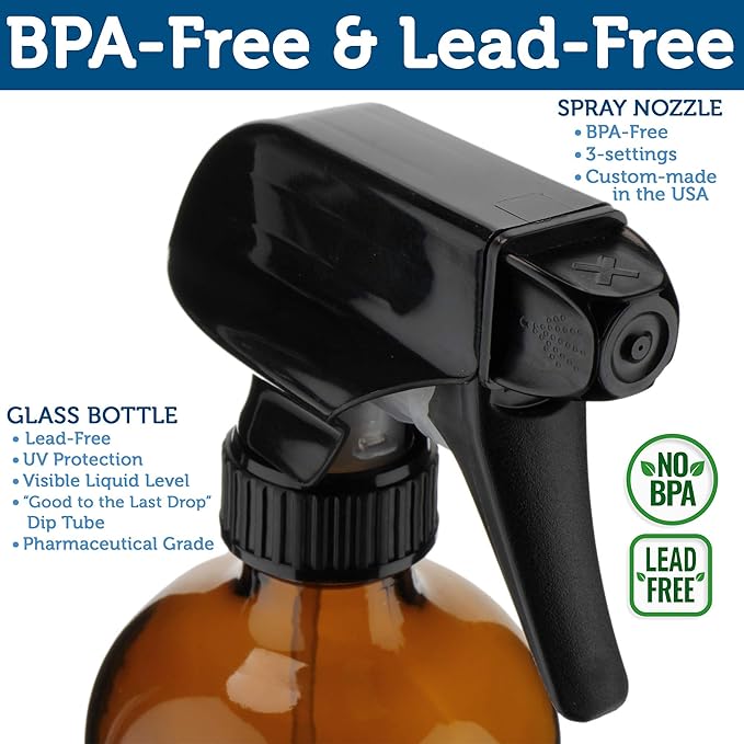 Sally's Organics Empty Amber Glass Spray Bottles - 2 Pack - Large 16oz Refillable Bottle for is Great for Essential Oils, Plants, Cleaning Solutions, Hair - Durable Nozzle - Fine Mist/Stream Setting