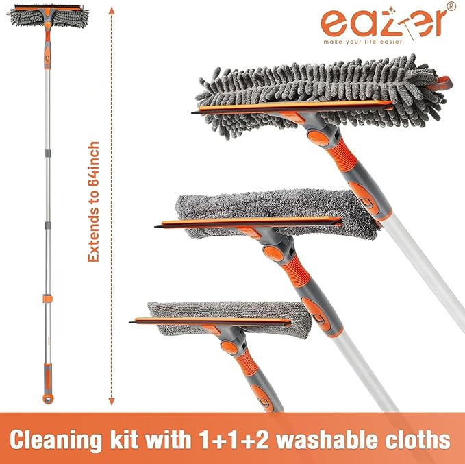 Eazer 2-in-1 Window Cleaner Tool, 64'' Window Squeegee for Home, Window Cleaning Squeegee Kit with Telescopic Pole