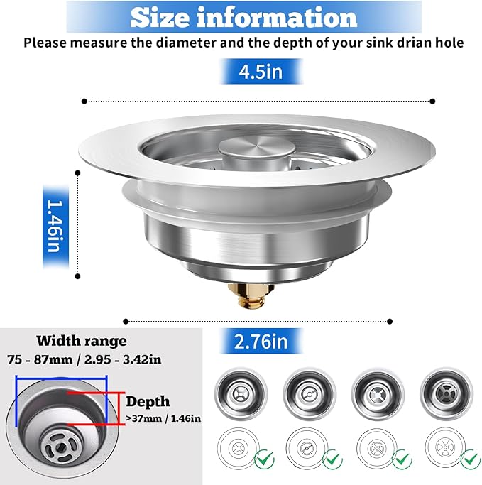 Brushed Stainless Steel Sink Strainer - 3-1/2" Drain Stopper