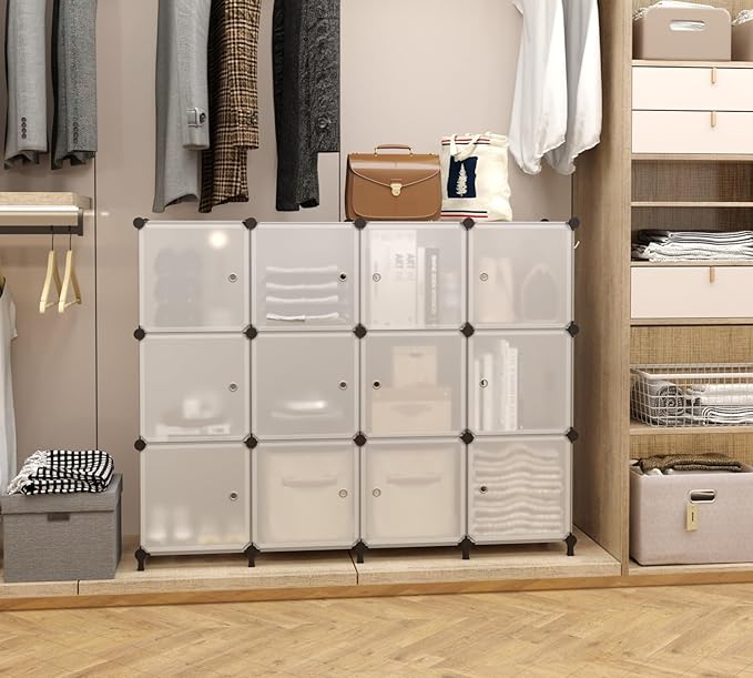 AWTATOS 12 Cube Storage Organizer, DIY Plastic Storage Shelf, Modular Storage Bookshelf, Stackable Storage Shelving Rack for Home Office, Translucent ULPZ011