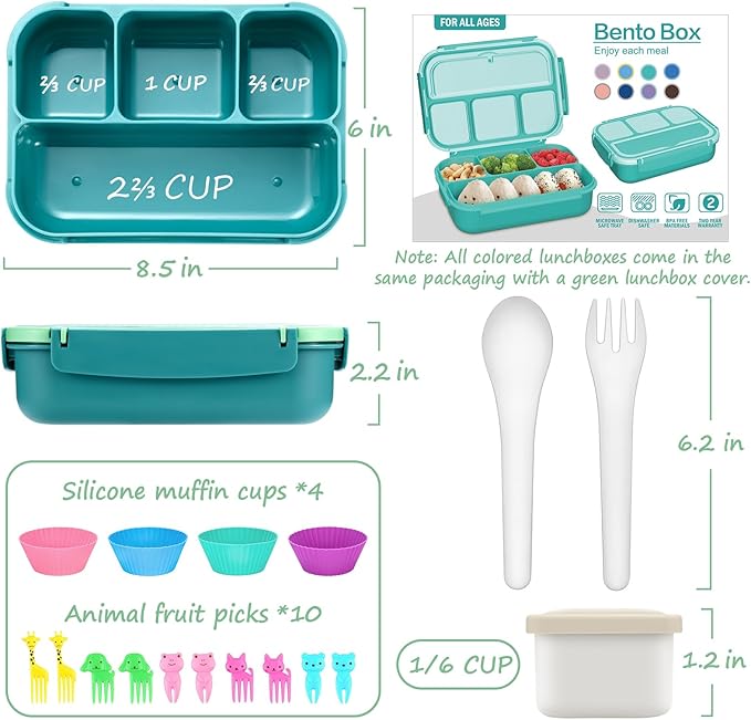 QQKO Bento Box for Kids Adults, School Toddler Lunch Box for Boys Girls, Lunch Box Containers with 4 Compartments, Sauce Container, Utensils