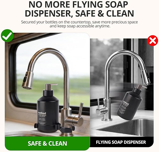 RV Round Soap Dispenser Holder, Durable Stainless Steel Organization Accessories to Secure Soap Bottle, for Camper, Camper Van or Motorhome, Fits Round RV Faucets & Bottles, Easy Snap-On, Space-saving