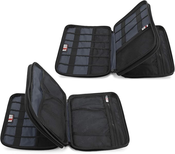 BUBM Double Layer Electronic Accessories Organizer, Travel Gear Bag for Cables, USB Flash Drive, Plug and More, Perfect Size Fits for iPad mini (Medium, Gray)