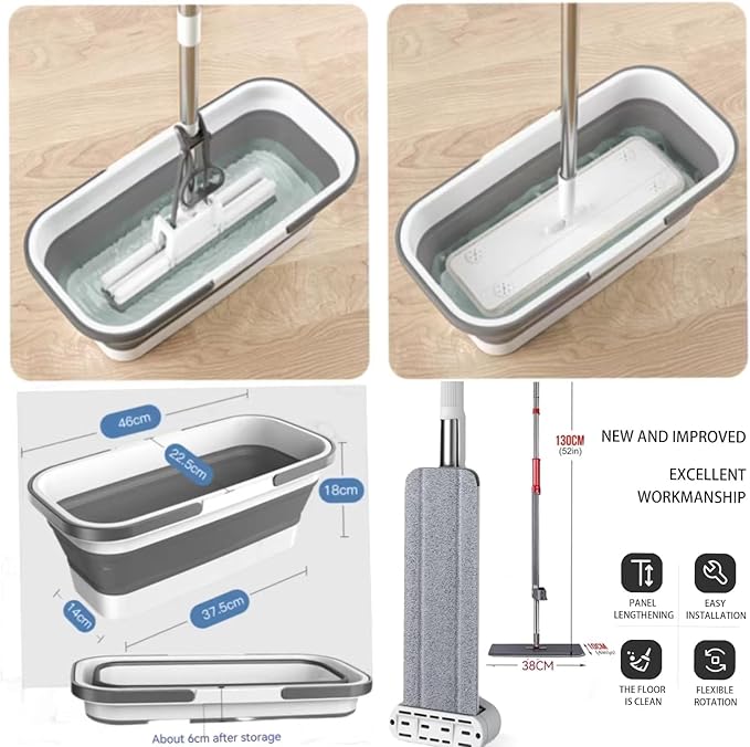 Large Flat Mop and Scalable Bucket with Wheels, 360 Rotating Microfiber Dust Mop with Dewatering Scraper, 54" Adjustable Stainless Steel (1 Mop + 4 Microfiber Pads + 1 Bucket)