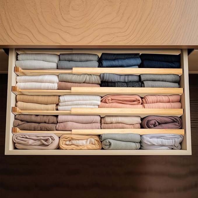 Fabsome Dresser Drawer Organizers 6 Pack, 4.65'' High Adjustable from 17-22‘’ Bamboo Drawer Dividers for Clothing Baby Clothes
