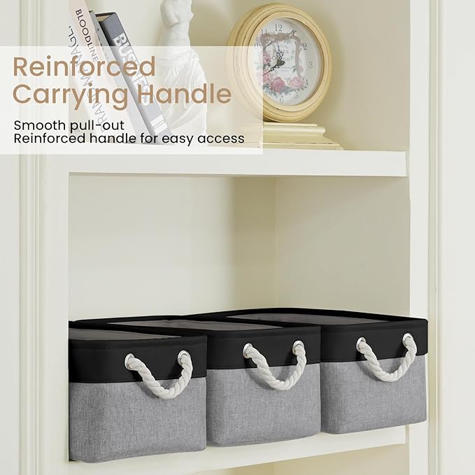 Storage Baskets for Shelves 13.8x9.8x6.7 Inch, Foldable Fabric Storage Bins with Handles, Small Storage Baskets for Organizing Closet, Office, Home Organization (3-Pack, Black&Gray)