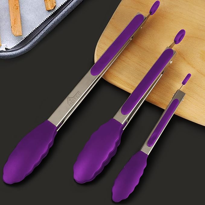 HOTEC Premium Stainless Steel Locking Kitchen Tongs with Silicon Tips, Set of 3-7", 9" and 12" (Purple)