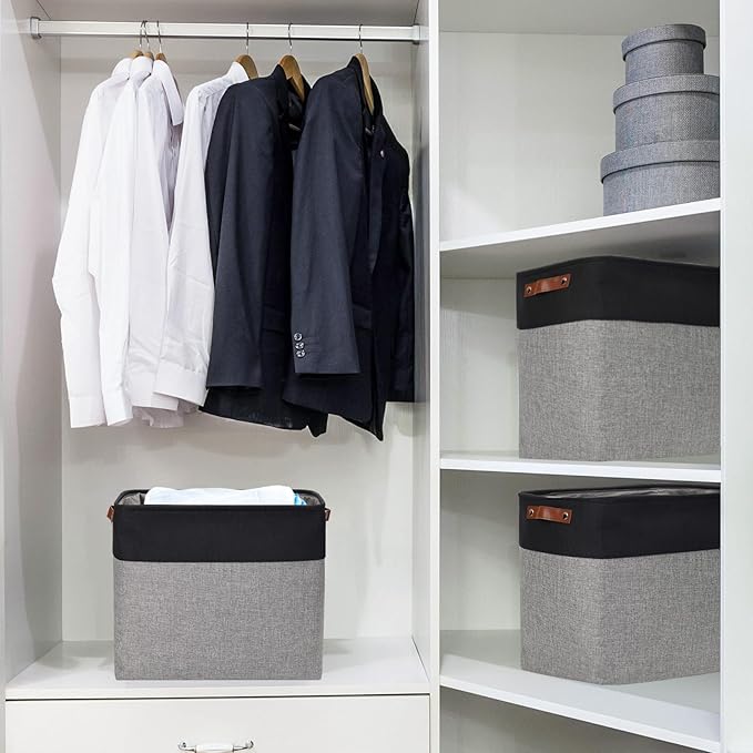 Large Fabric Storage Baskets, 50L Storage Bins, Gray&Black