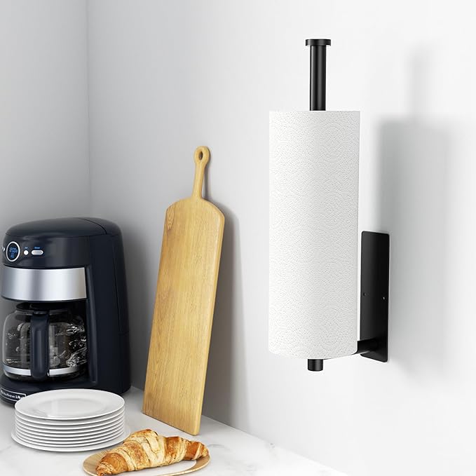 Paper Towel Holder - Self-Adhesive or Drilling, Matte Black Wall Mounted Rack - SUS304 Stainless Steel Kitchen Roll Holder Under Cabinet (2 Pack)