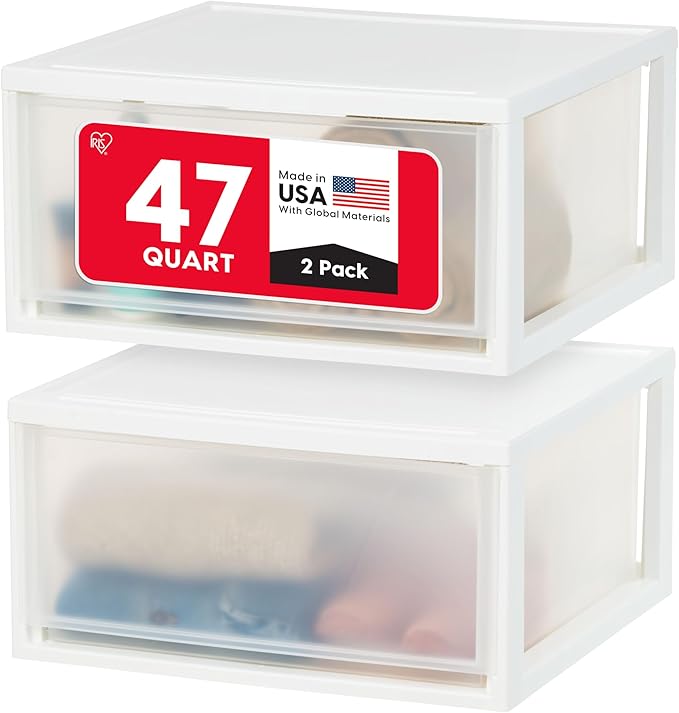 IRIS USA 47 Qt. Extra-Large Stackable Storage Drawer Plastic Drawer Organizer with Clear Doors, for Pantry Bedroom Closet Kitchen Under-Sink Home and Office De-Clutter Shoes and Crafts, White, 2-Pack