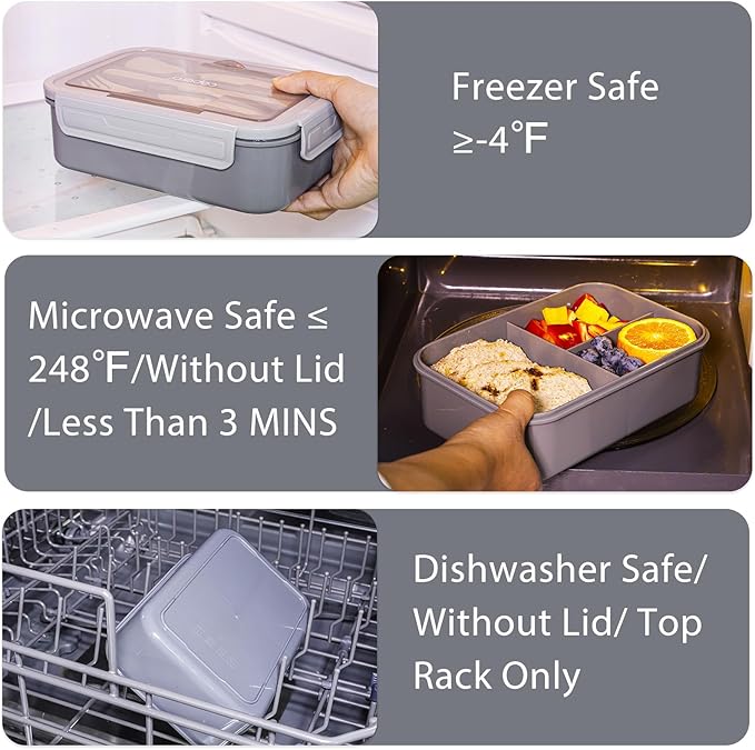 Caperci Classic Bento Box Adult Lunch Box for Older Kids - Leakpoof 47 oz 3-Compartment Lunch Containers for Adults and Teens, Built-in Utensil Set