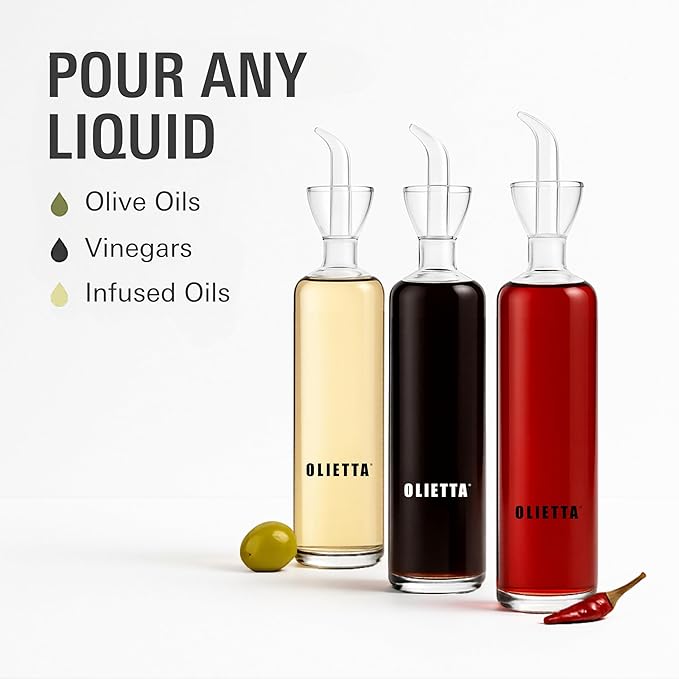Olietta Oil Dispenser Borosilicate Glass Olive Oil Bottle Multipack Bundle - 3 Bottles - 17 oz, 8.5 oz and 4.2 oz - Non Drip Dispenser - Leak Proof Pourer Vinegar Drizzler