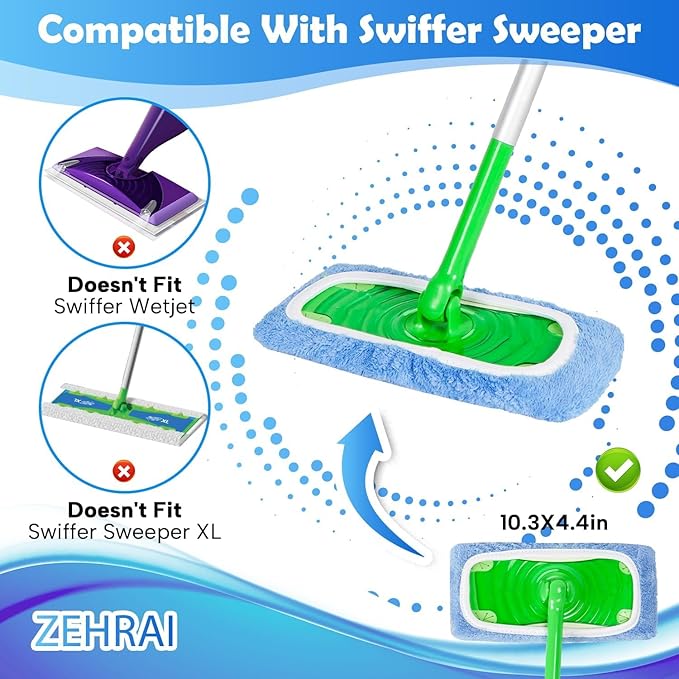 6 Pack Reusable Microfiber Mop Pads Compatible with Swiffer Sweeper Mop, Dry Sweeping Cloths & Wet Mopping Cloths, Washable Wet Pads Refill for Hardwood Surface Floor Cleaning