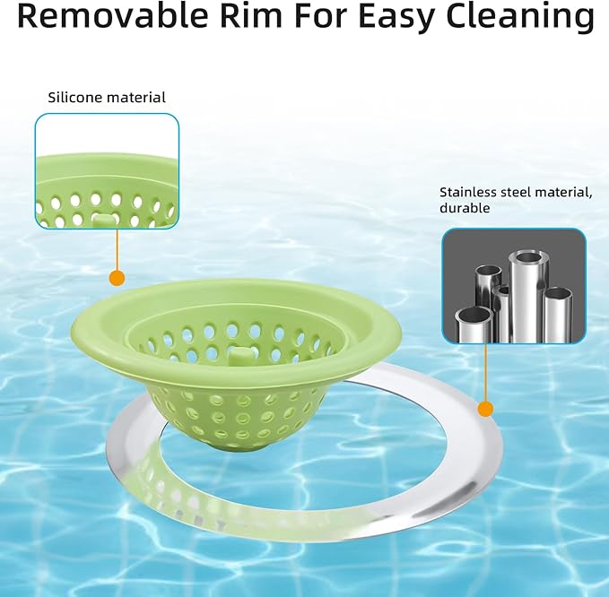 Silicone Strainer for Kitchen Sink, 2 Pack, Stainless Steel Reinforced, Basket Strainer, Drain Cover, Food Catcher, Debris Trap