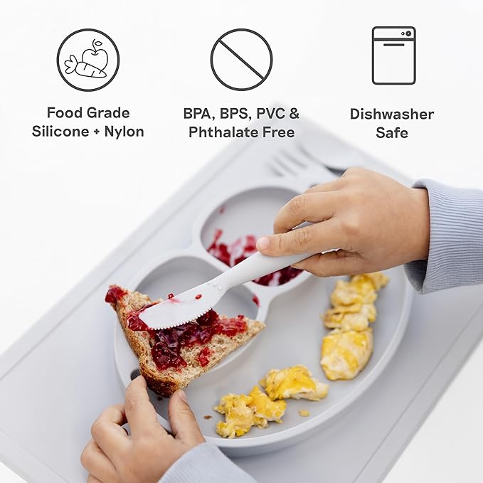 ezpz Happy Utensils (Blue) - 24 Months+ - BPA Free Toddler - Fork, Spoon and Knife for Toddlers and Preschoolers - Kids Utensils for Self-Feeding Development
