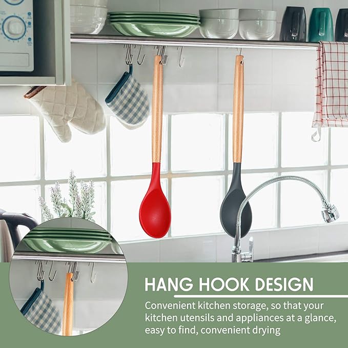 Patelai 2 Pieces Silicone Nonstick Mixing Spoon Kitchen Cooking Spoons Serving Spoon with Wooden Handle Heat Resistant Utensil Spoons for Mixing, Baking, Serving and Stirring(Red, Gray)