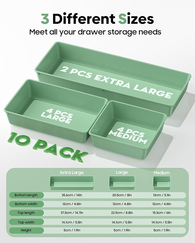 10 Pack Large Size Plastic Drawer Organizers Set, Green