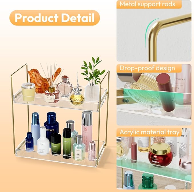 Bathroom Countertop Organizer, 2 Tier Acrylic Tray Vanity Counter Skincare Organizer Shelf, Kitchen Under Sink Standing Rack, Home Storage Holder for Lotion Makeup Cosmetics Perfume Spice, Gold