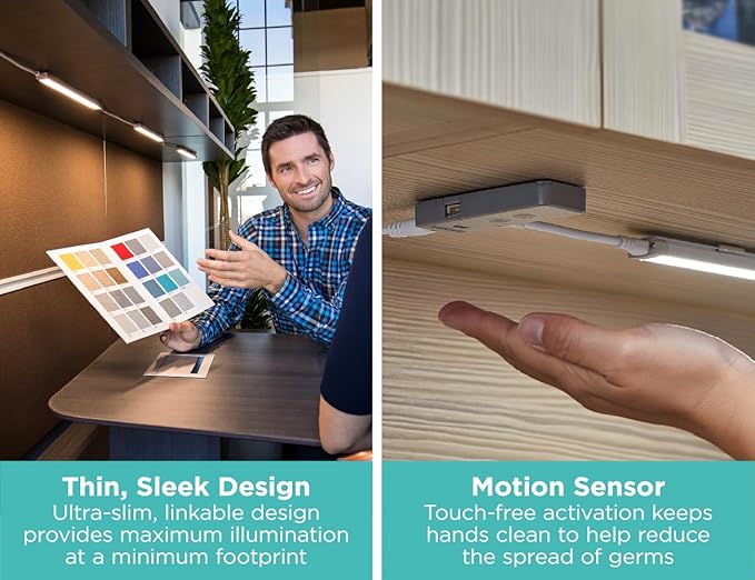 PureOptics LED Under Cabinet Lighting Kit, Motion Sensor, Dimmable, Linkable, 3 Color Settings, Tool-Free, for Kitchen, Pantry, Cabinets, Closets, Office (6) 9" Bars