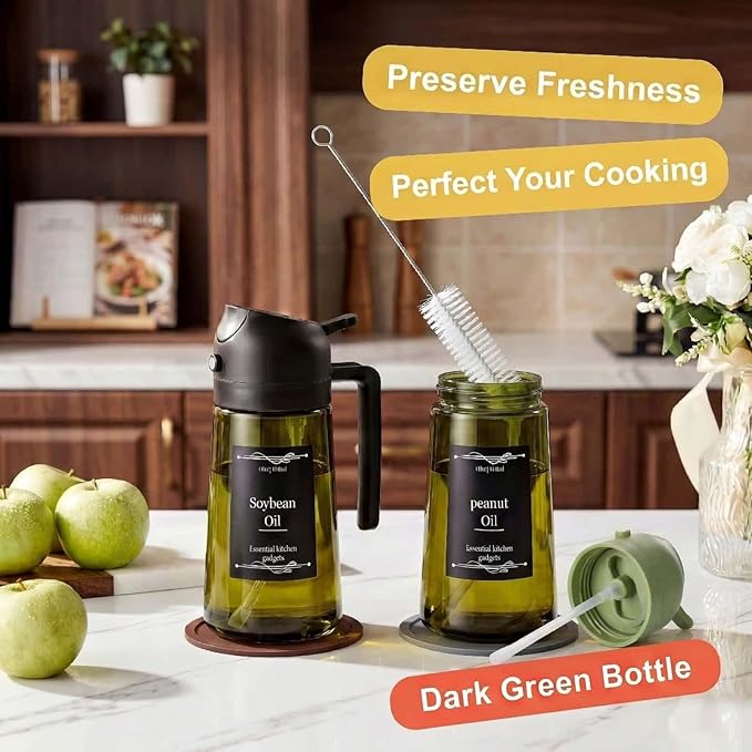 2pcs Oil Sprayer for Cooking;16oz/470ml 2 in 1 oil dispenser and oil sprayer;Light-Blocking Dark Green Glass Oil Bottle for Air Fryer, BBQ, Kitchen Gadgets with cleaning brush,Non-slip mat