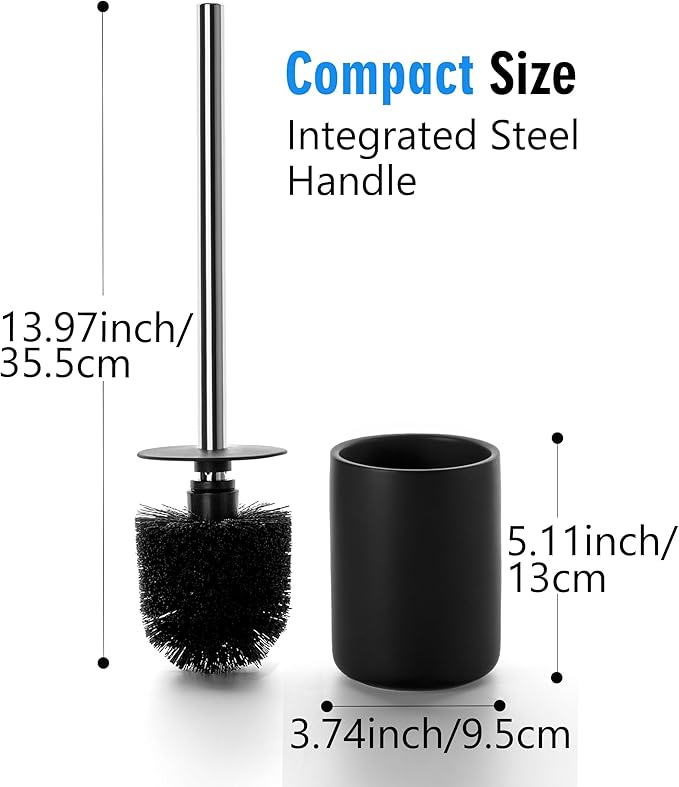 Ceramic Toilet Brush & Holder Set - Freestanding Deep-Cleaning Toilet Bowl Cleaner Brush, Stainless Steel Handle, Small & Sturdy for Storage, Easy to Clean, Non-Scratching