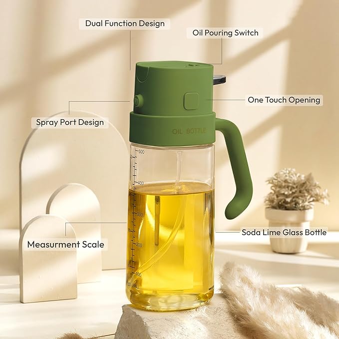 2-in-1 Green 18oz / 550ml - Olive Oil Sprayer for Cooking,Salad and BBQ, Leakproof Oil Dispenser for Frying, Glass OliveOil Multifunctional Sprayer / Dispenser Bottle for cooking, Oil Mister Bottle