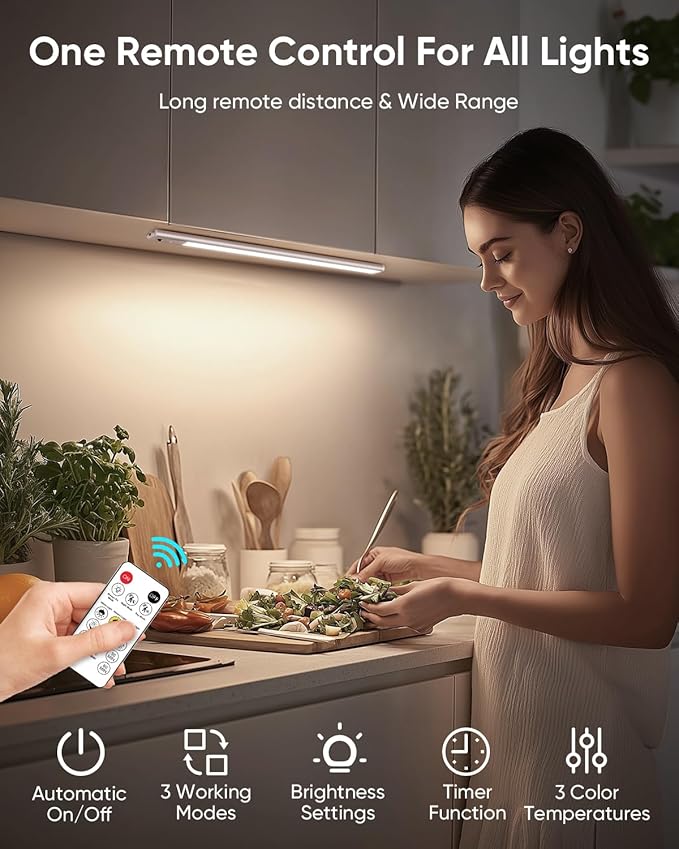 Under Cabinet Lighting Wireless, 2200mAh Rechargeable Motion Sensor Light Indoor, 3 Color Temps, Dimmable, Wireless LED Closet Lights Remote, Magnetic Under Counter Light for Kitchen, Pantry, 6 Pack