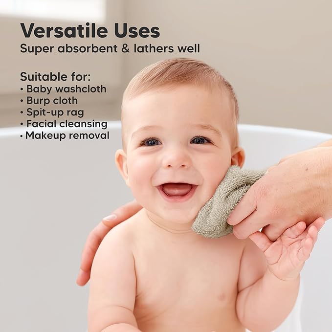 6-Pack Baby Washcloths – Soft Absorbent Viscose from Bamboo Washcloths for Face, Body, Baby Towels for Newborn, Kids, Toddlers, Infant, Gentle on Sensitive Skin, 10x10 Reusable Face Towels (Khaki)