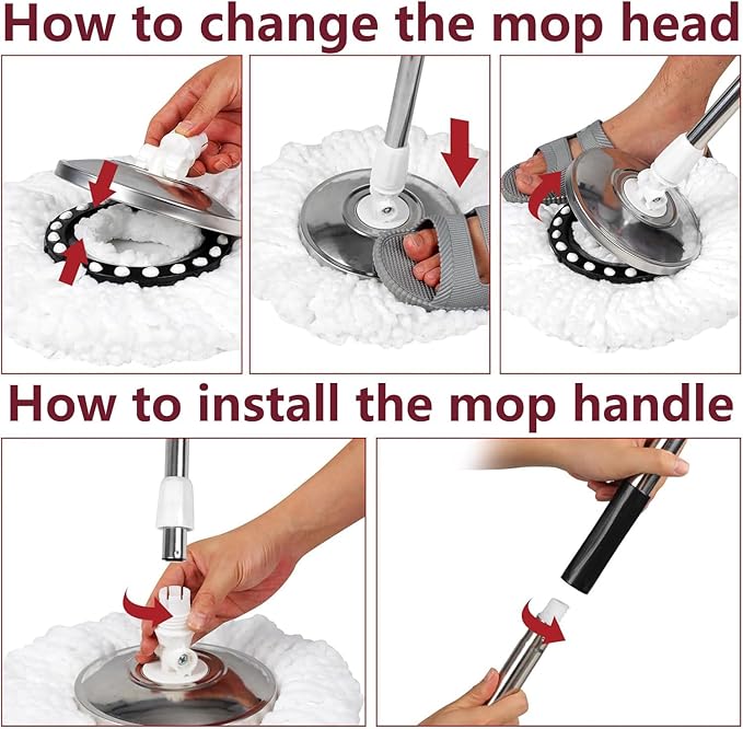 Spin Mop and Bucket Set, 360 Spin Mop and Bucket Stainless Steel,Floor Cleaning System,with 3 Replacement Heads (Black-1)