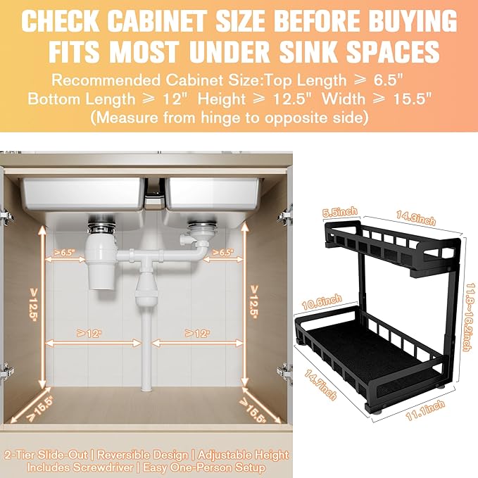 Under Sink Organizer 2 Pack, Metal Large Capacity 2-Tier Sliding Cabinet Storage Rack, Heavy-Duty Rust-Resistant Steel Frame, Holds 50 lbs Each, Adjustable Height 12–16", 14"D x 11"W for Home, Black