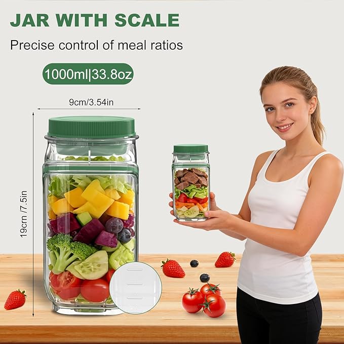 Side-Opening Mason Salad Jar, Portable 1000ml Salad Container with Leakproof Dressing Cup, Includes Spoon and Cleaning Brush, Perfect for Meal Prep, Gym, Office, Picnic and Travel (1 Pac)