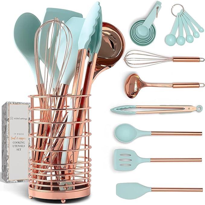 Copper and Teal Blue Kitchen Utensils - 17-Piece Set Includes Copper Utensil Holder, Measuring Cups and Spoons, and Silicone Cooking Tools - Stylish Teal Kitchen Decor and Unique Gifts for Home Cooks