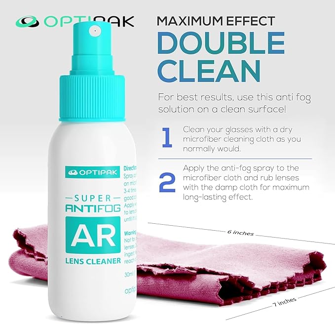 Anti Fog Lens Cleaner Spray Kit | (2x) 1oz Anti Fog Glasses Cleaner Bottles + (1x) Multipurpose Pouch + (5x) Microfiber Cloths for Eyeglasses, Mirror