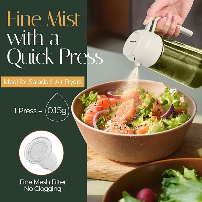 YARRAMATE 16oz/470ml Light-Blocking Dark Oil Sprayer for Cooking, 2 in 1 Olive Oil Dispenser Bottle for Kitchen, Premium Dark Green Glass Oil Bottle, Food-Grade Oil Mister for Air Fryer, BBQ (White)