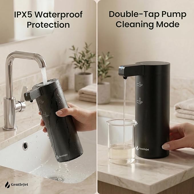 GentleJet SmoothDrop Automatic Liquid Soap Dispenser – Touchless, No-Drip Precision Pump, USB-C Rechargeable, 304 Stainless Steel, Waterproof Countertop Dispenser for Kitchen & Bathroom Sink, 270 ml