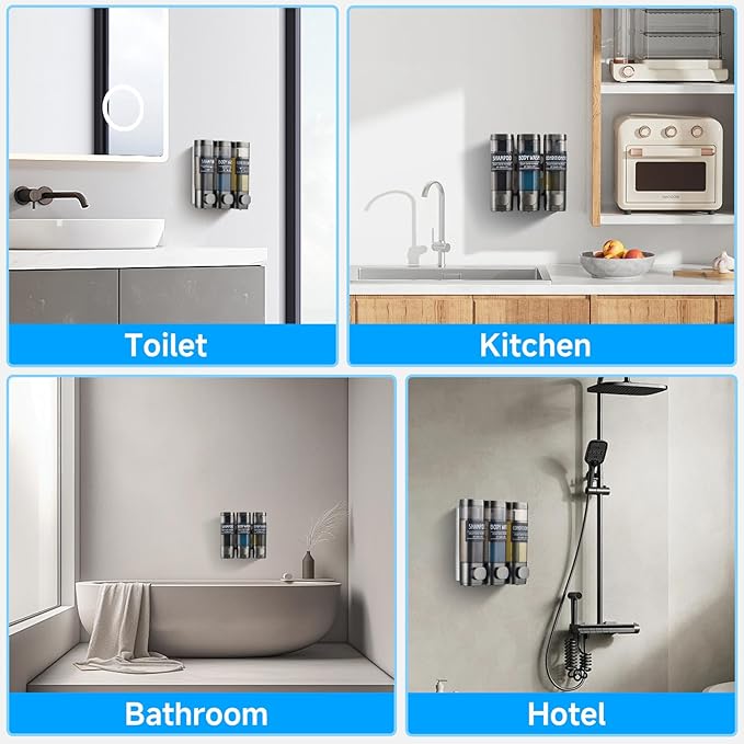 Shampoo and Conditioner Dispenser,GlintGath Shower Dispenser 3 Chamber No Drill Shampoo Dispenser for Shower Wall Mounted Shower Soap Dispenser for Bathroom Hotel,3 * 300ML,Gun Gray